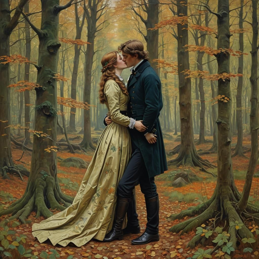 couple kissing in autumn forest