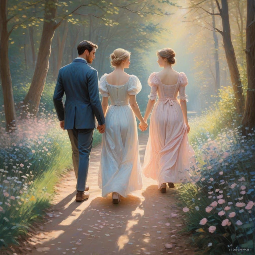 Romantic Couple Stroll in Impressionistic Forest Painting
