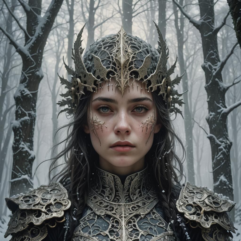 Gothic Digital Art Portrait of Woman in Snowy Forest