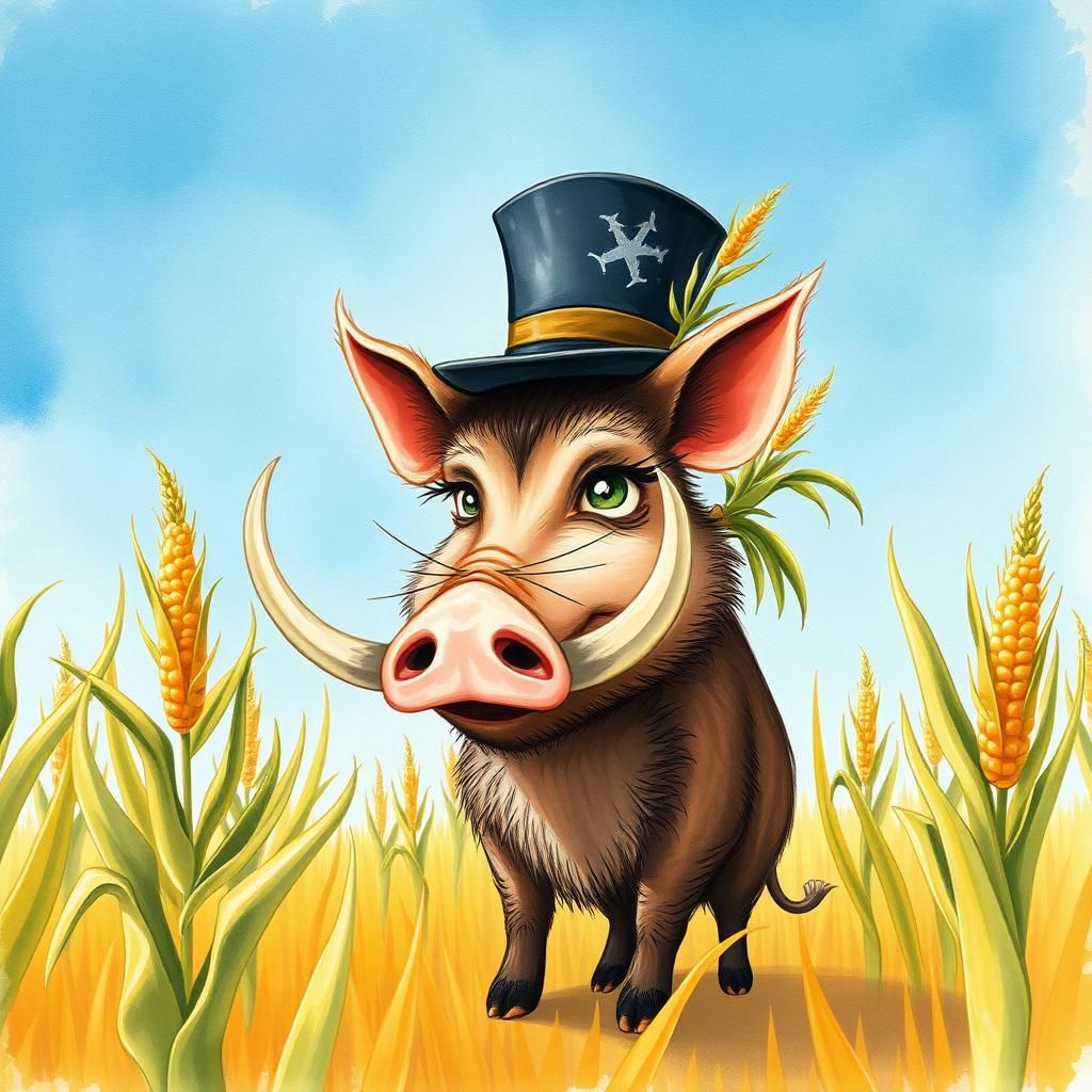 Whimsical Boar in Cornfield, Storybook Illustration