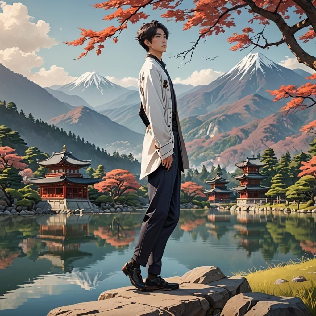 Korean Boy at Lake: Anime Style Art