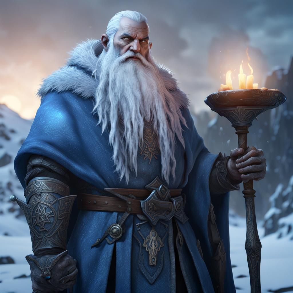 Blue Dwarf Rune Wizard in Icy Scene