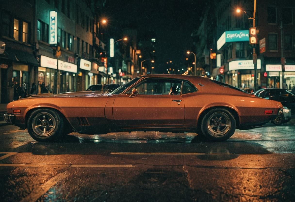 American Sports Car in City at Night