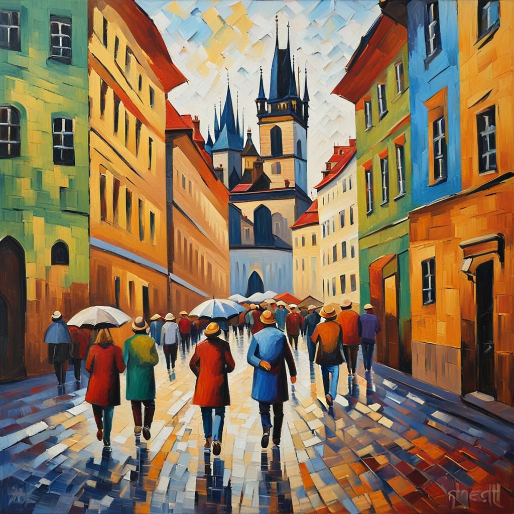 Vibrant Prague Street Scene in Neo-Impressionist Style