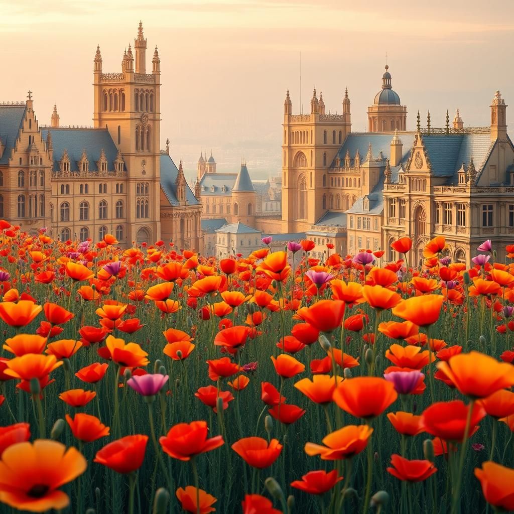 Surreal Poppies in a Non-Euclidean Landscape