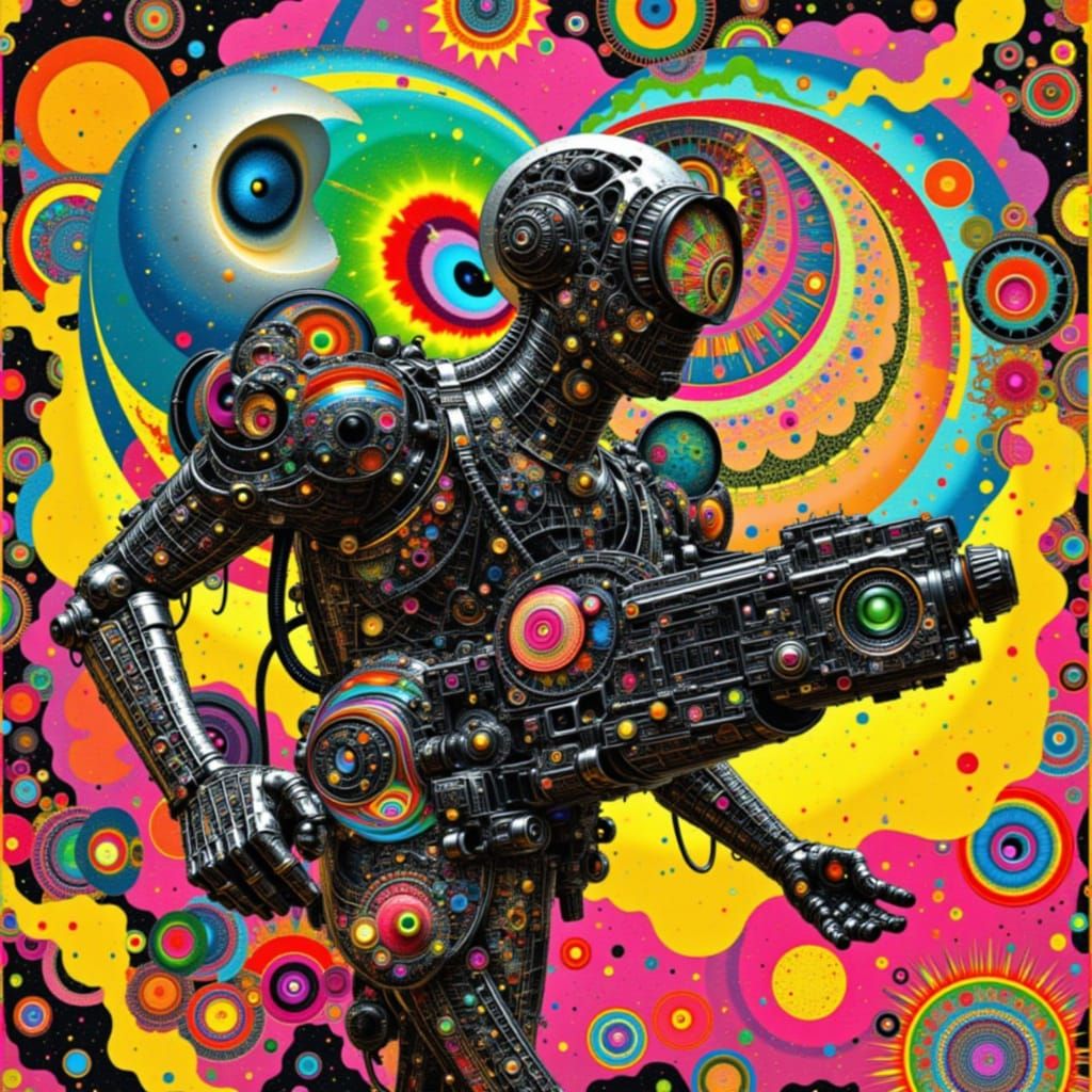 Psychedelic Robot Warrior in High Speed Plane