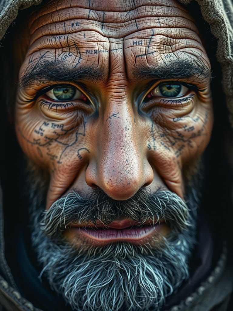 Weathered Wanderer with Ancient Cartographic Patterns