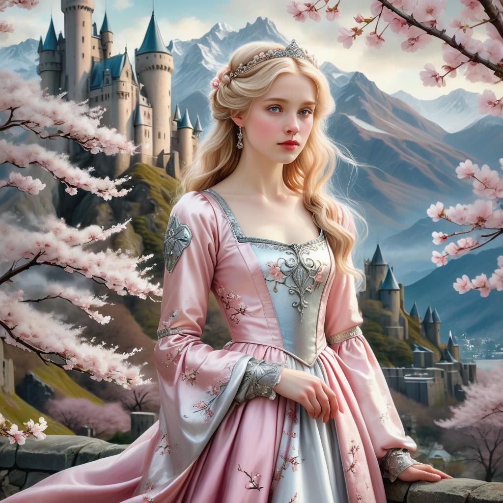 Medieval Princess with Castle in Pre-Raphaelite Style