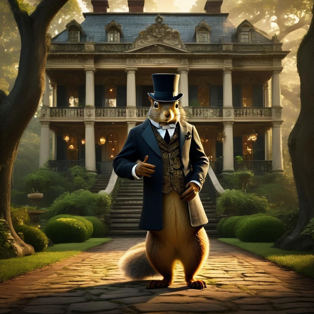 Squirrel Gentleman in Front of Grand Mansion