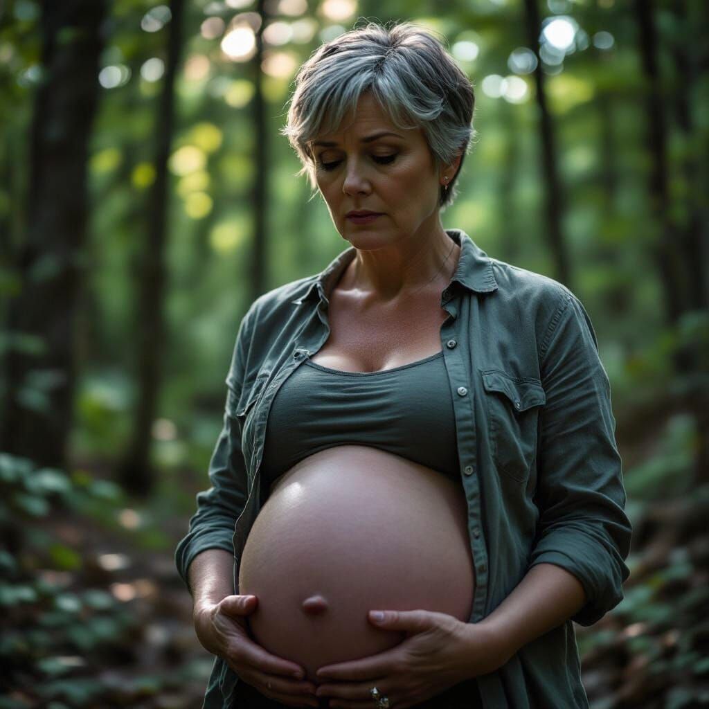Worried Pregnant Woman in Moody Woods Scene