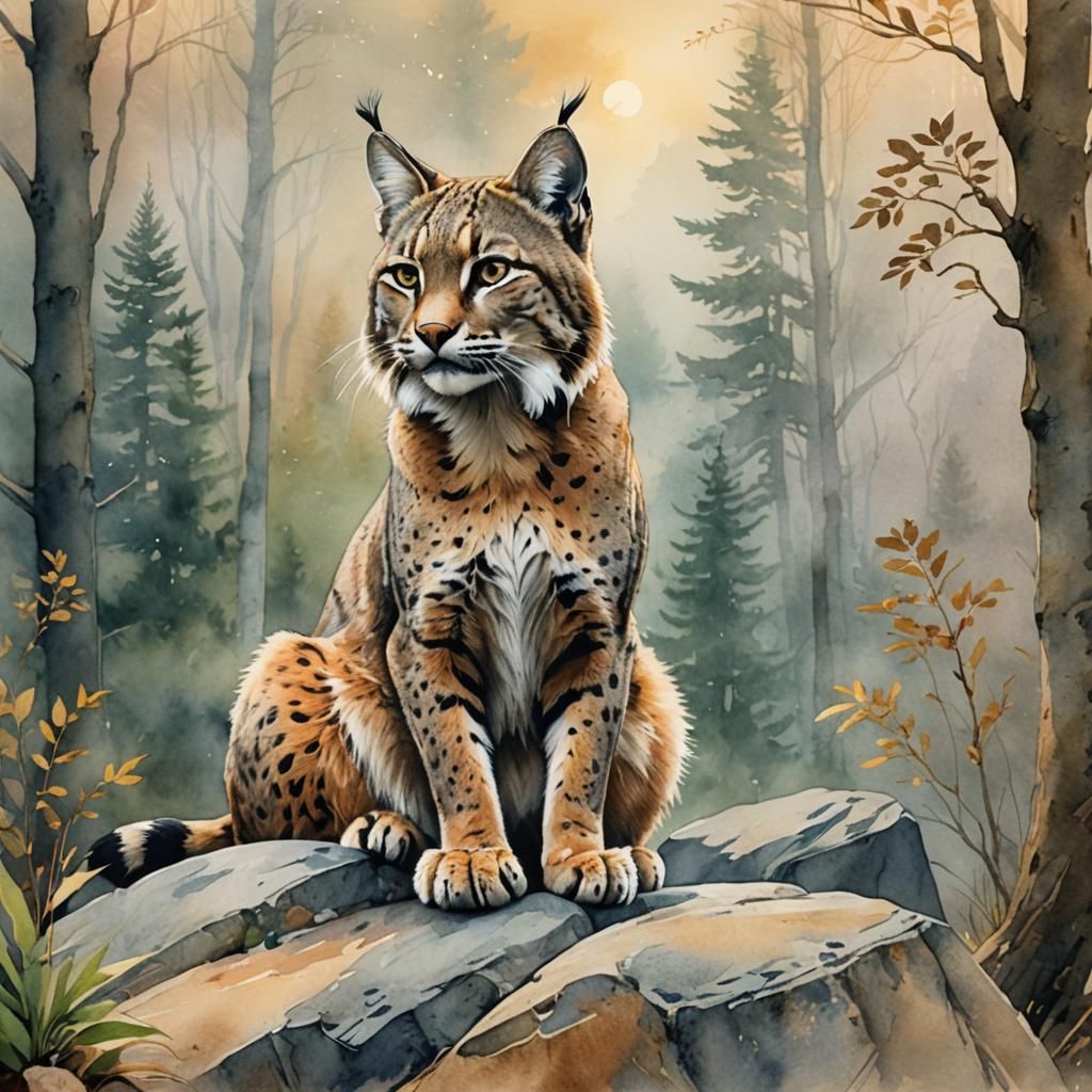 Bobcat in Misty Forest: Watercolor Illustration