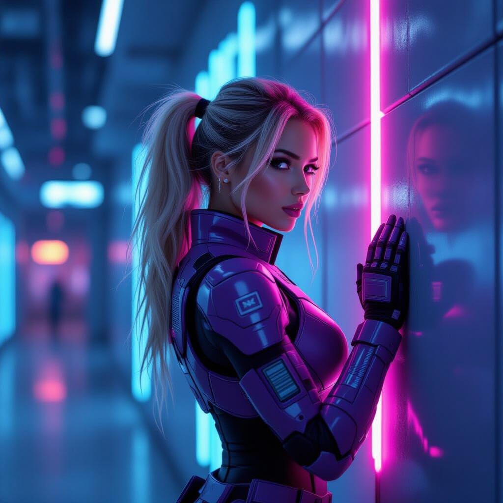 Futuristic Warrior in Cyberpunk Cityscape