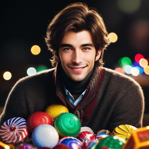 Happy Young Swiss Gentleman Amidst a Candy Wonderland