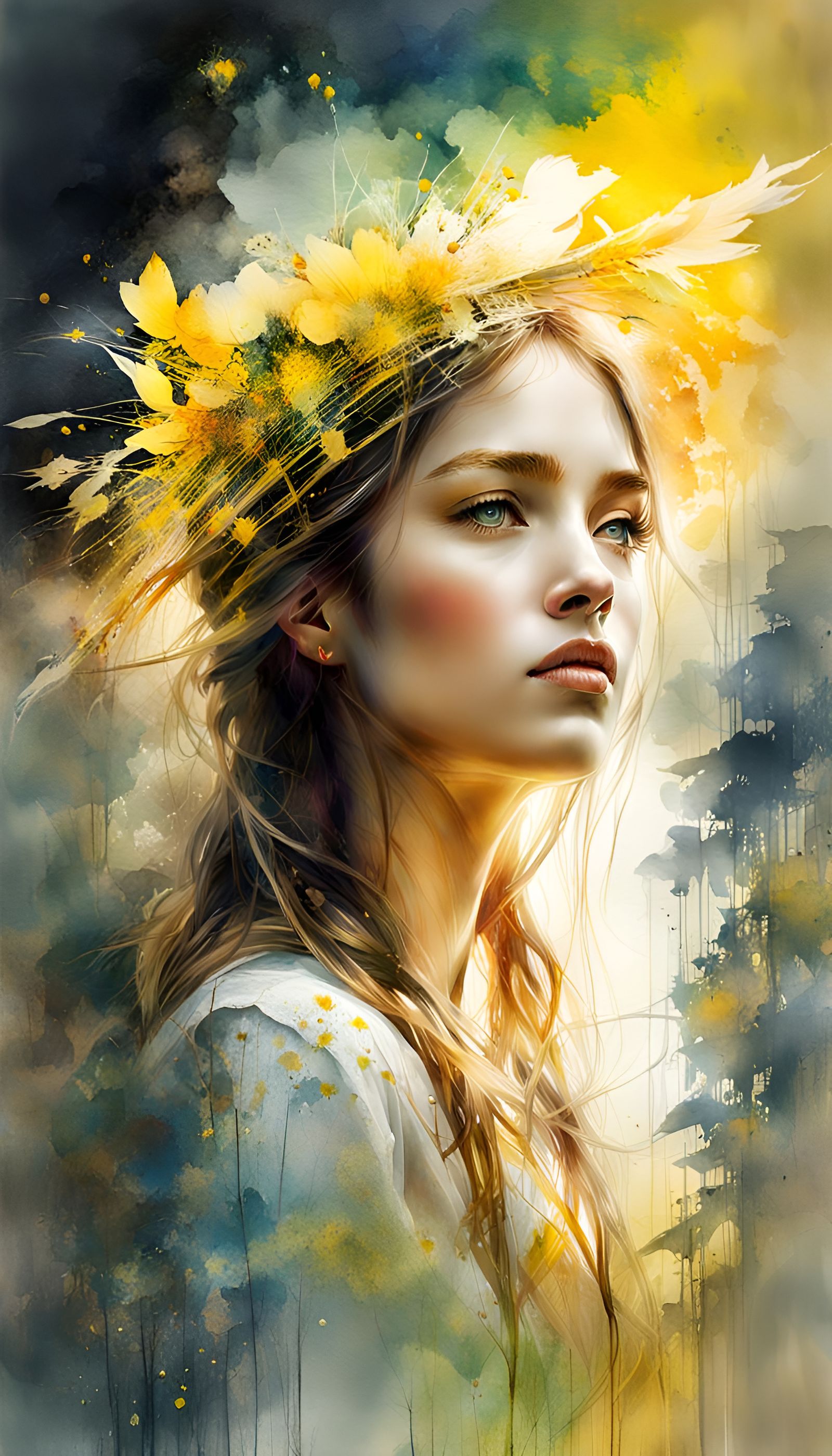 Young Woman in Love: Digital Watercolor Double Exposure