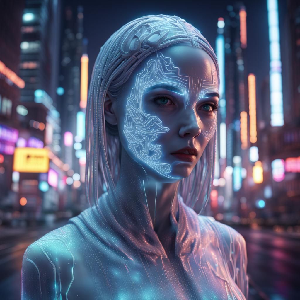 Scary AI Hologram Face in Neon City