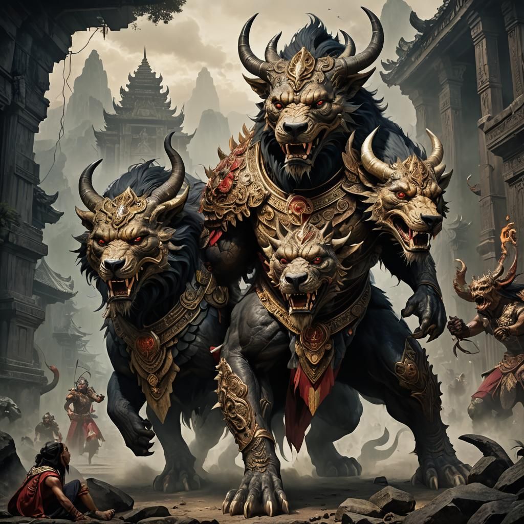 Tikbalang Cerberus Hybrid in Detailed Matte Painting