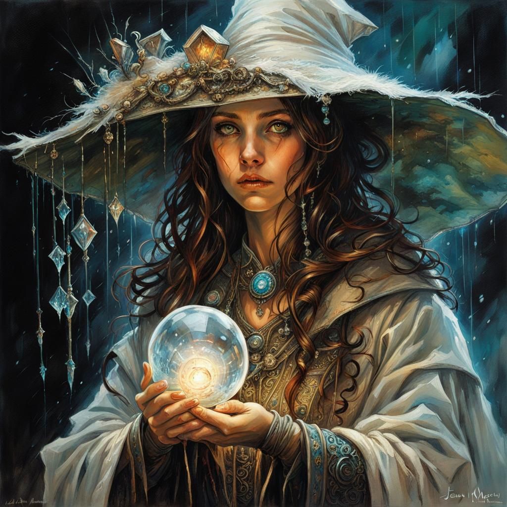 Sorceress with crystal staff, iron glove, and magical crystal robes, realistic face, close-up, dark fantasy, intricate d...