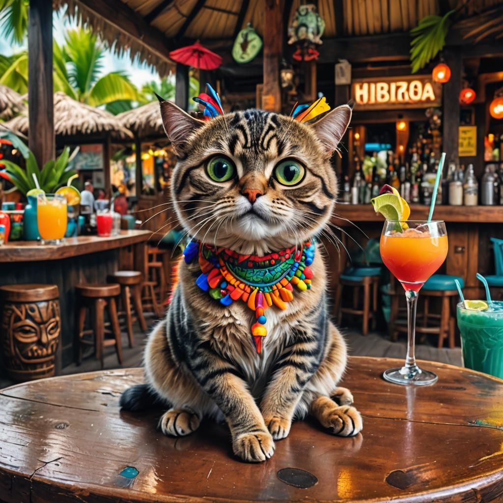 Whimsical Cat Sipping Cocktail at Tiki Bar