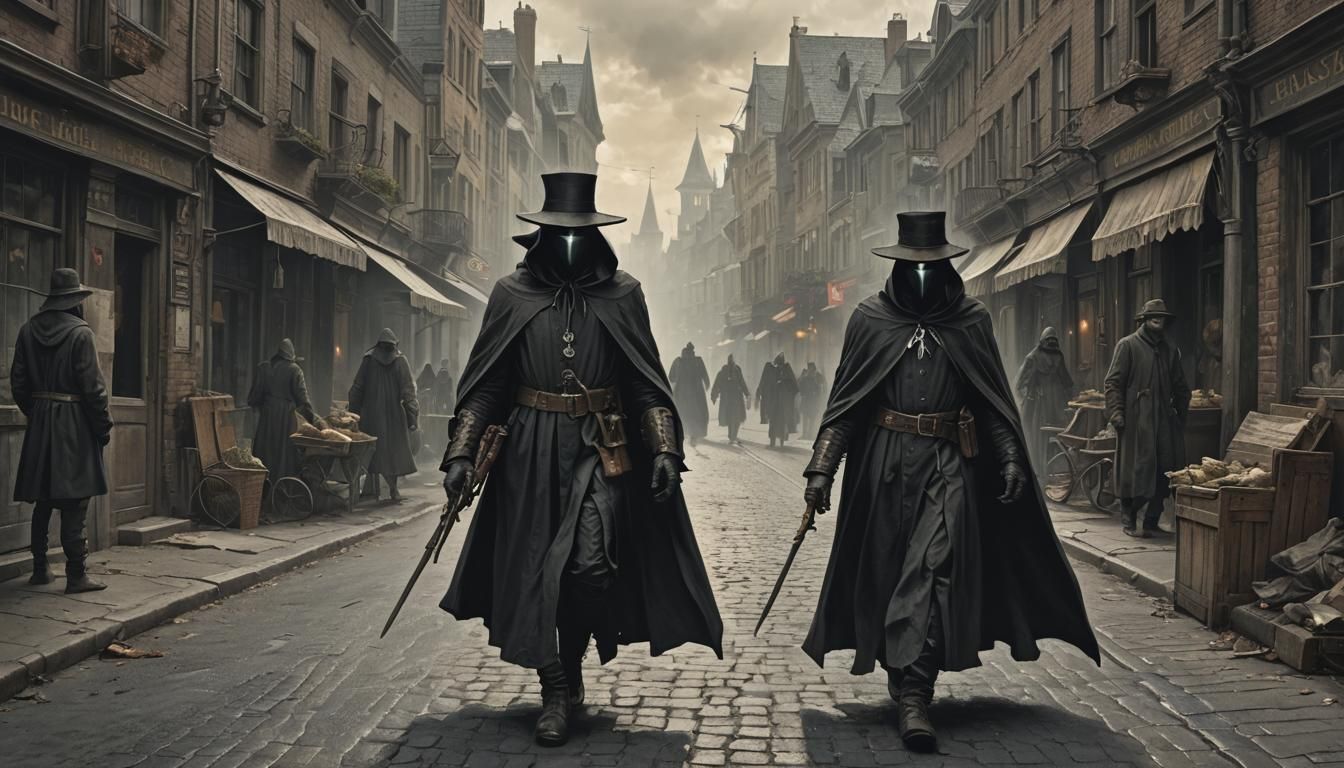 A plague doctor walks down a city road