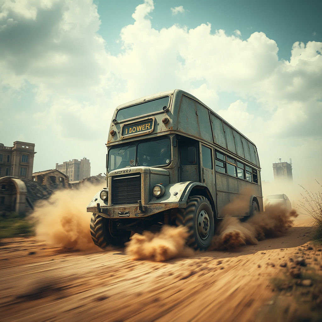 Armored London Battle Bus in Post-Apocalyptic Landscape