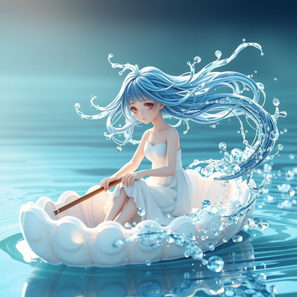 Anime Girl with Water Hair in Seashell Boat