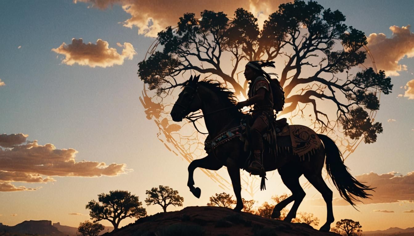 an American Indian warrior riding a horse on top of a Mesa