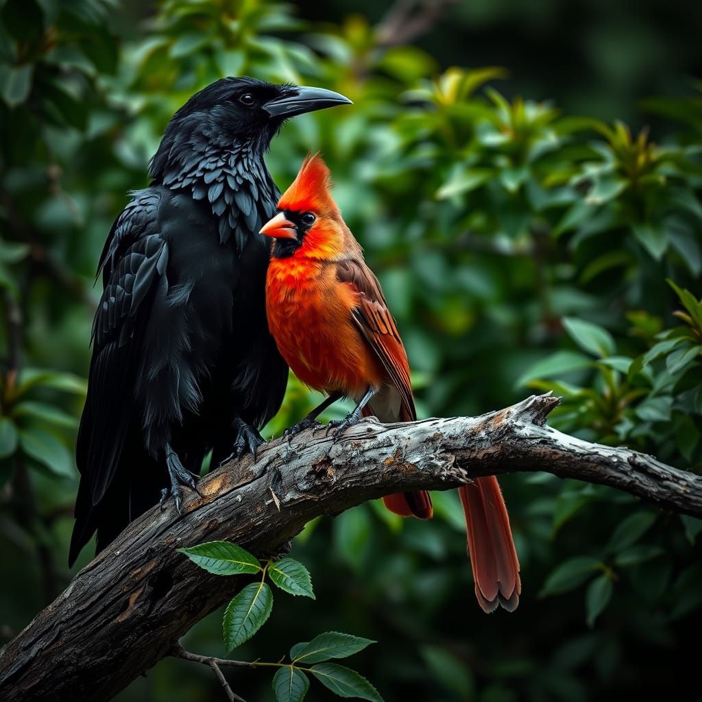 Raven and Cardinal in Dramatic Digital Art Style