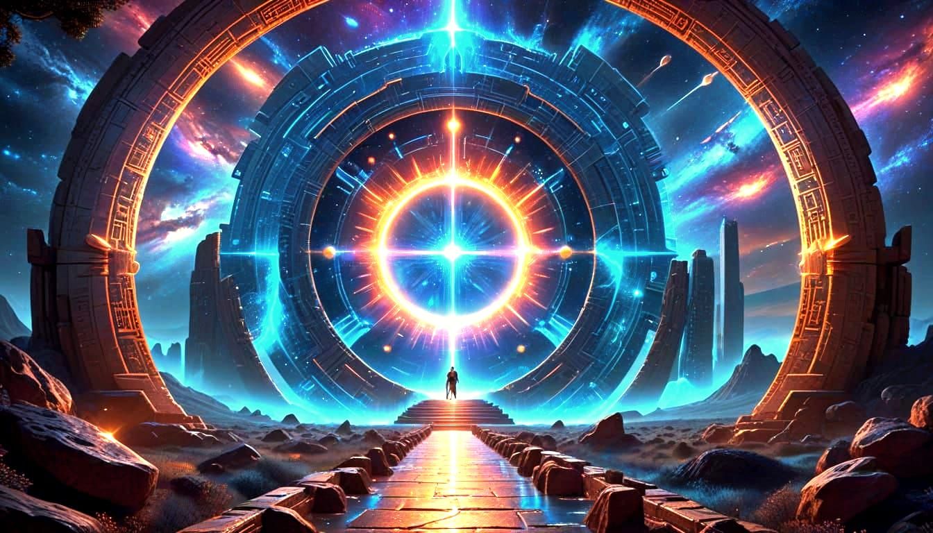 Stargates Over the Cosmic Backdrop in Vibrant Digital Painti...