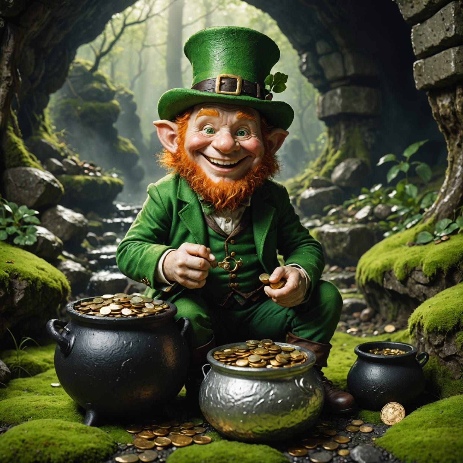 Greedy Leprechaun Hoarding Gold in Mossy Cave