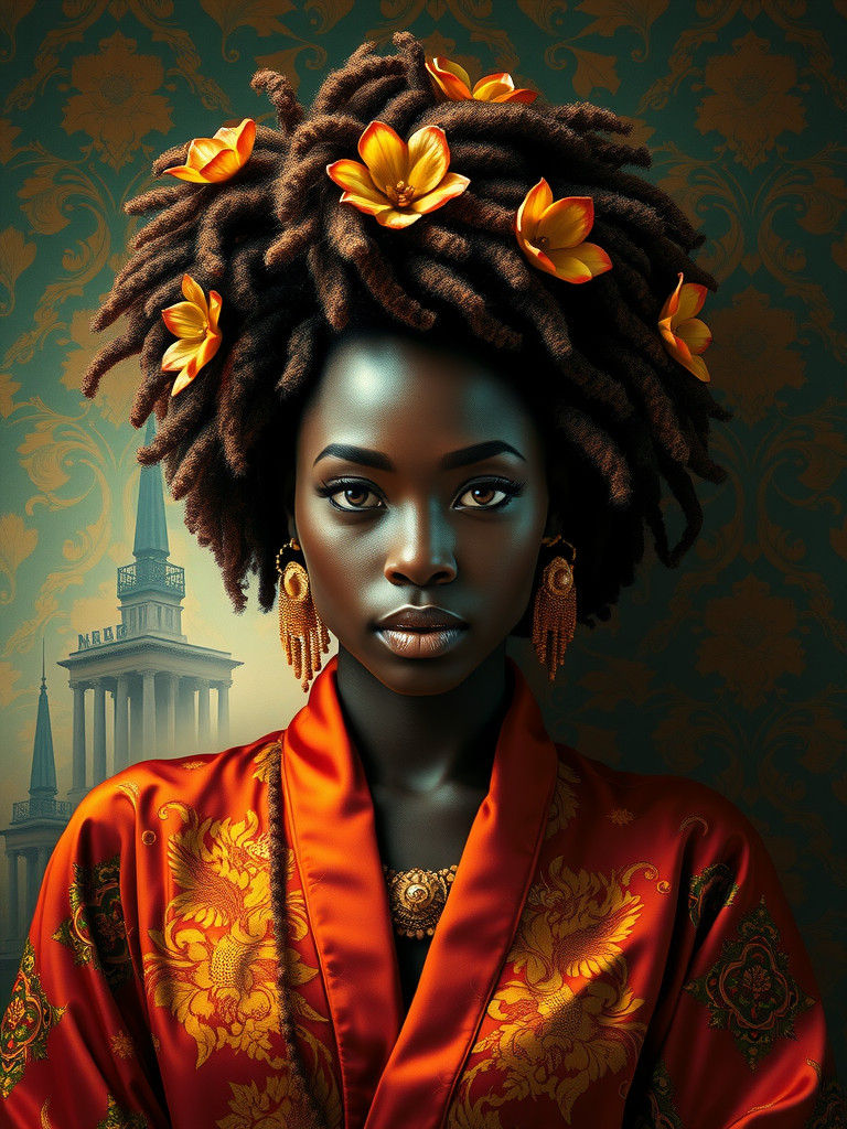 Radiant African Woman in Afrofuturist Sci-Fi Illustration