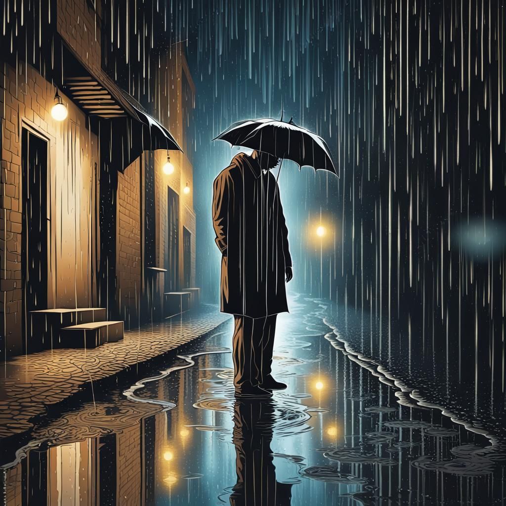 Crying Man in Rainy Alleyway Reflection