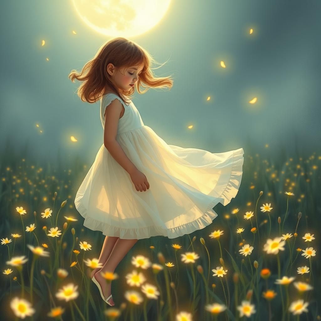 Girl in Meadow of Glowing Flowers
