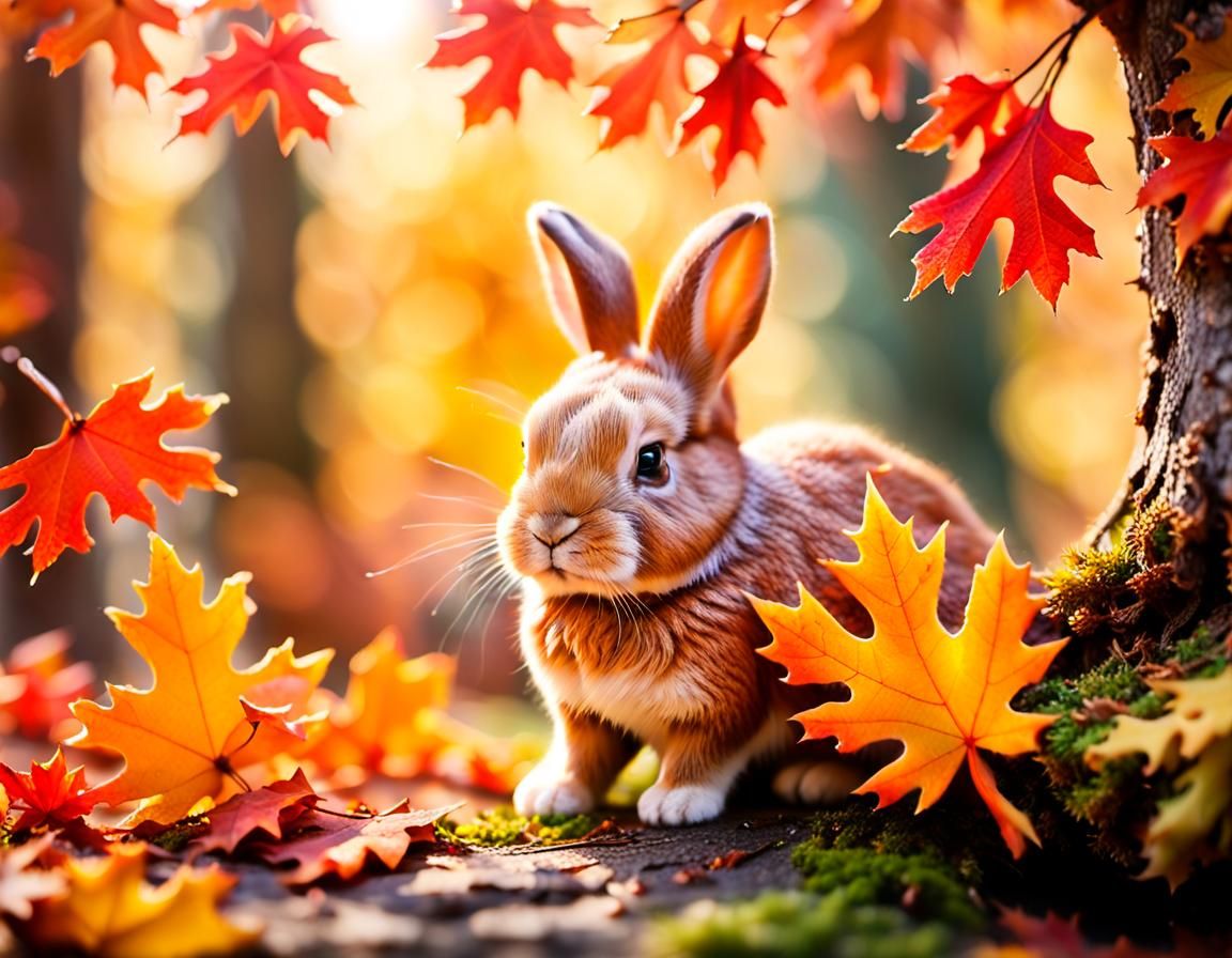 Miniature Autumn World: Bunny Among Colorful Leaves