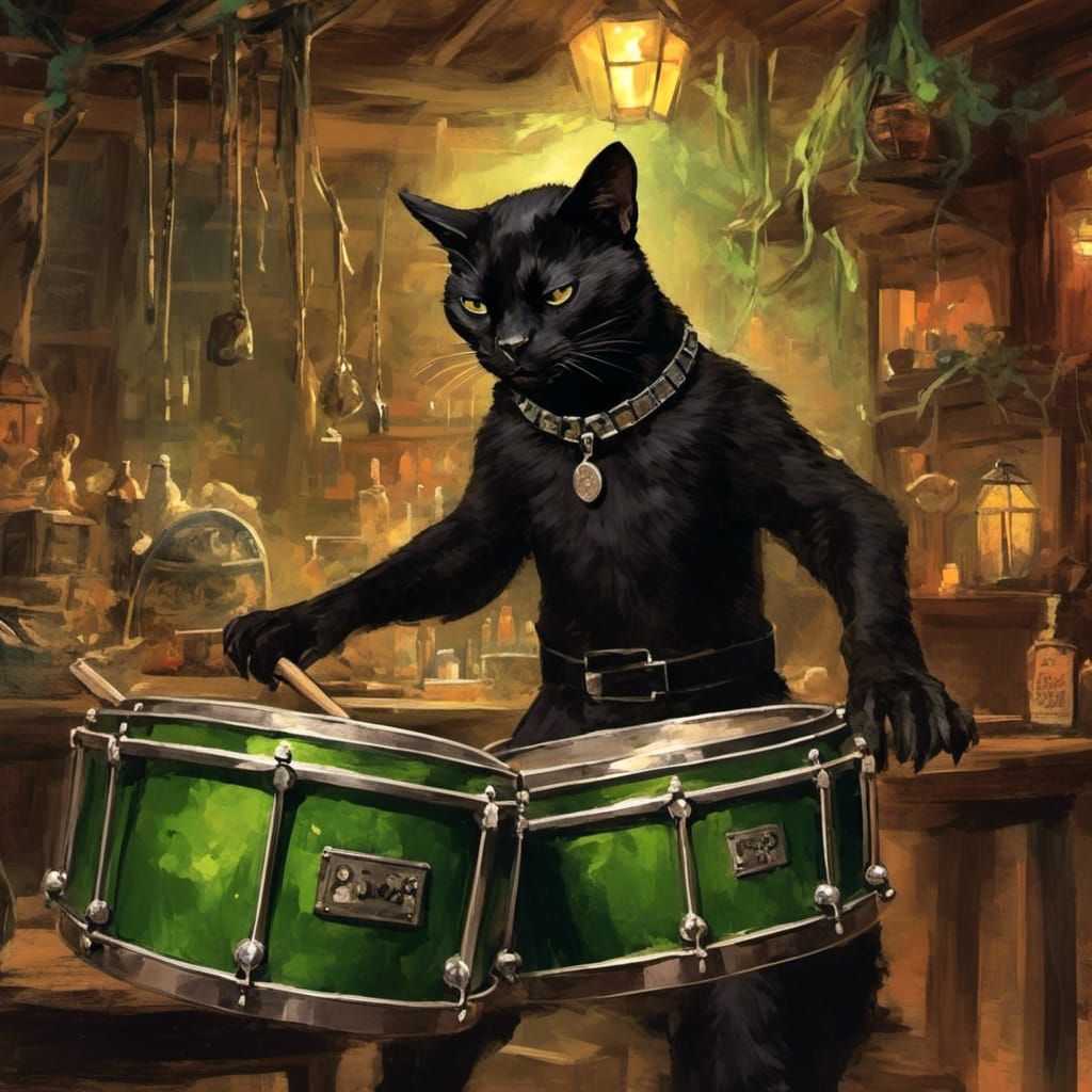 Zombie Black Cat Plays Drums in Haunted Tiki Bar