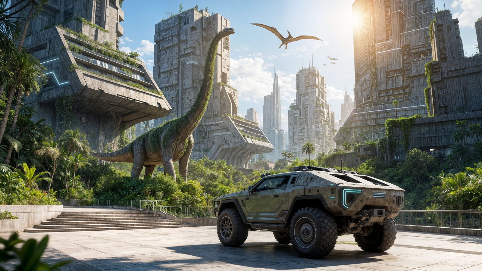 Futuristic Multi-Level Cityscape with Dinosaurs