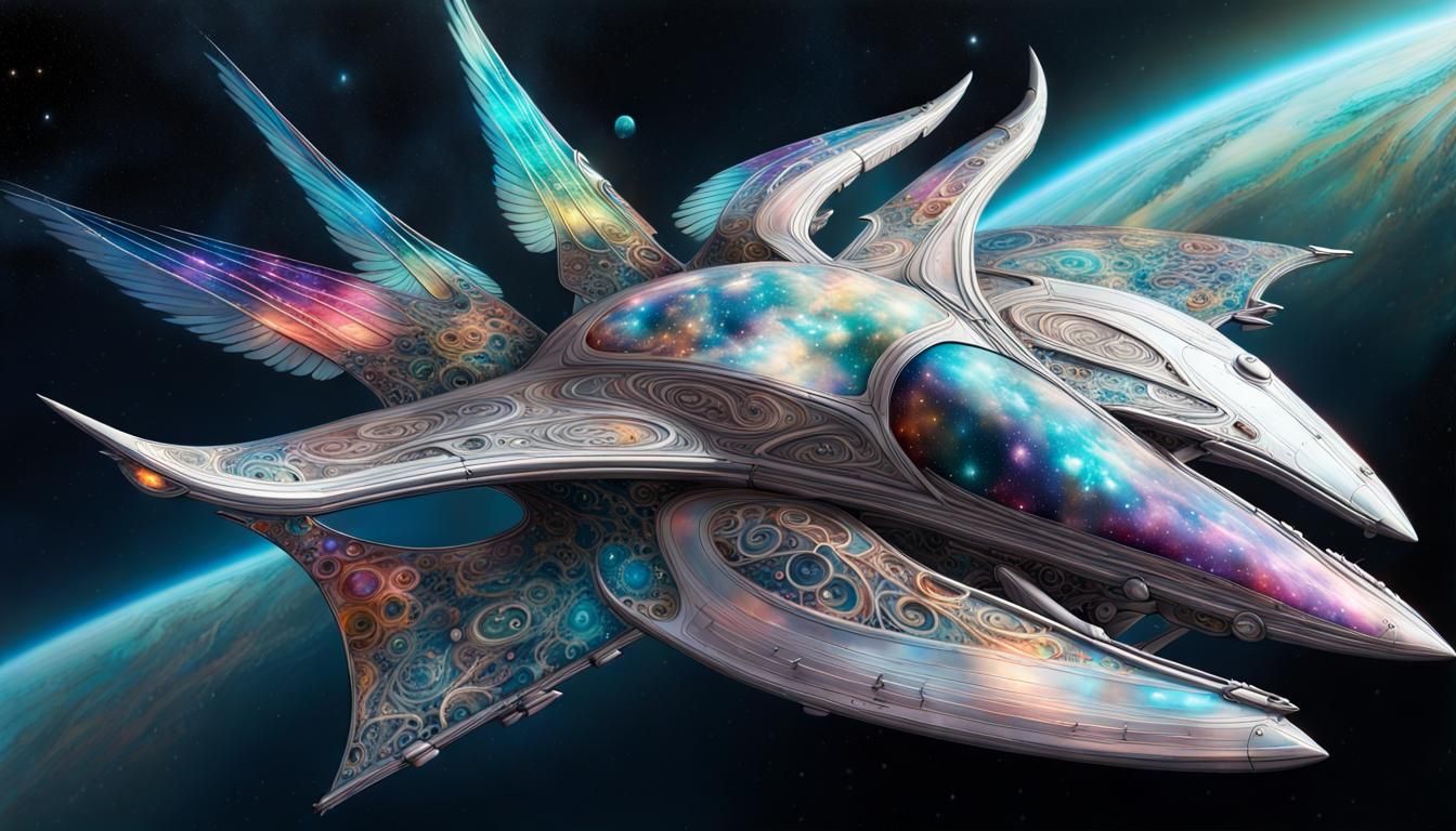 Sleek Starship Surfing a Cosmic Lightning Wave