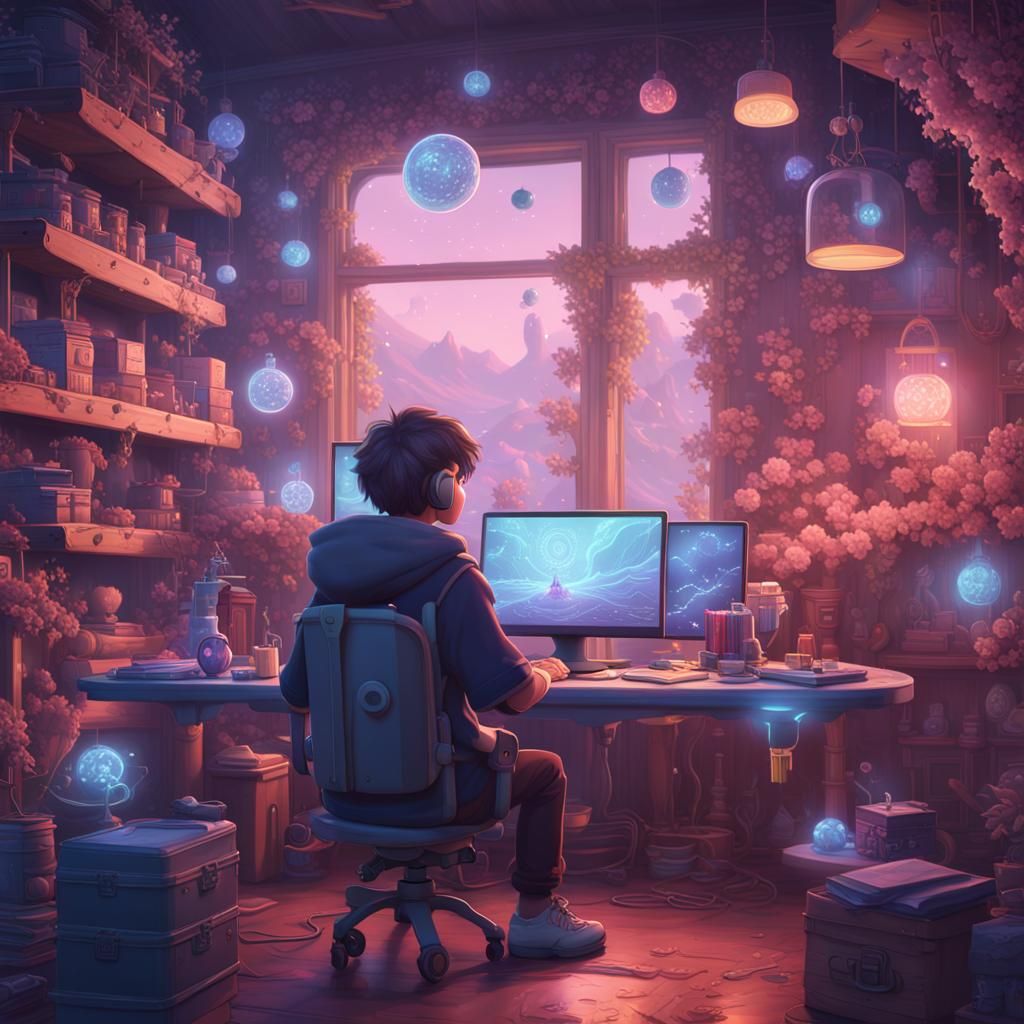 Aesthetic Lofi Boy Coding in Pastel Colors