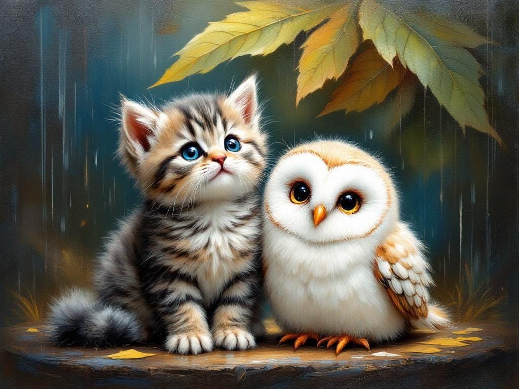Whimsical Kitten and Owl in Rainy Impasto Oil Painting