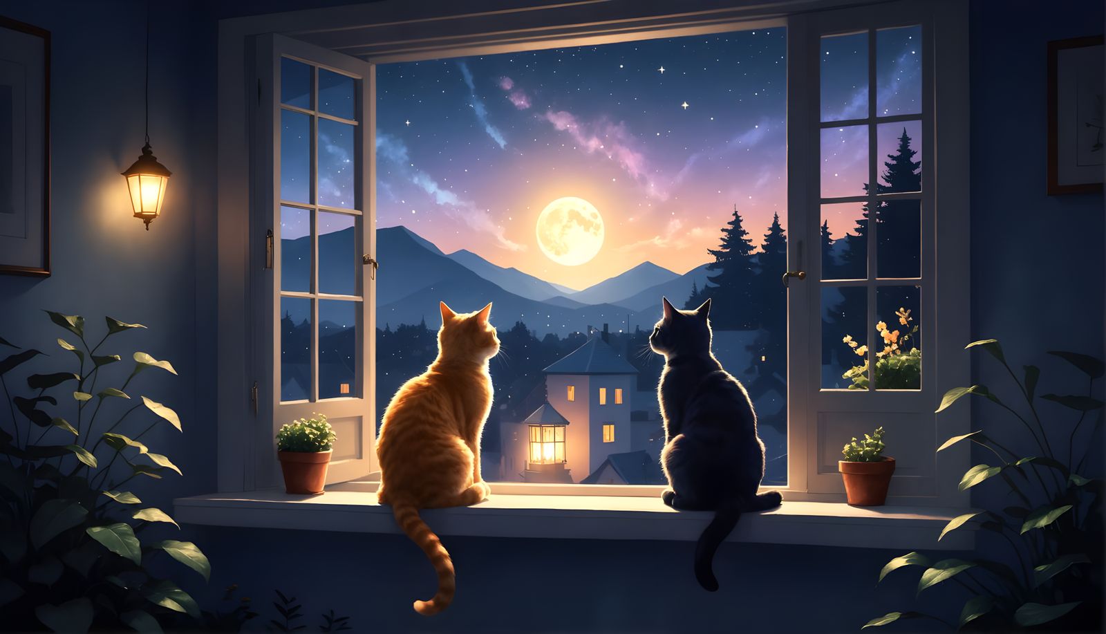 Whimsical Cats Under Starry Night Sky