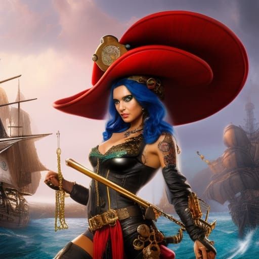 Steampunk Pirate Woman with Dog in Victorian Style