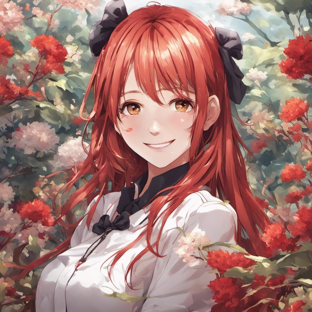Beautiful Red Hair Girl Smiling in Anime Style