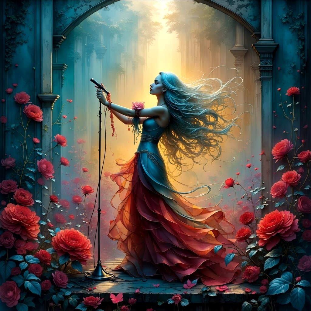 Singer with Long-Haired Band in Magical Lighting