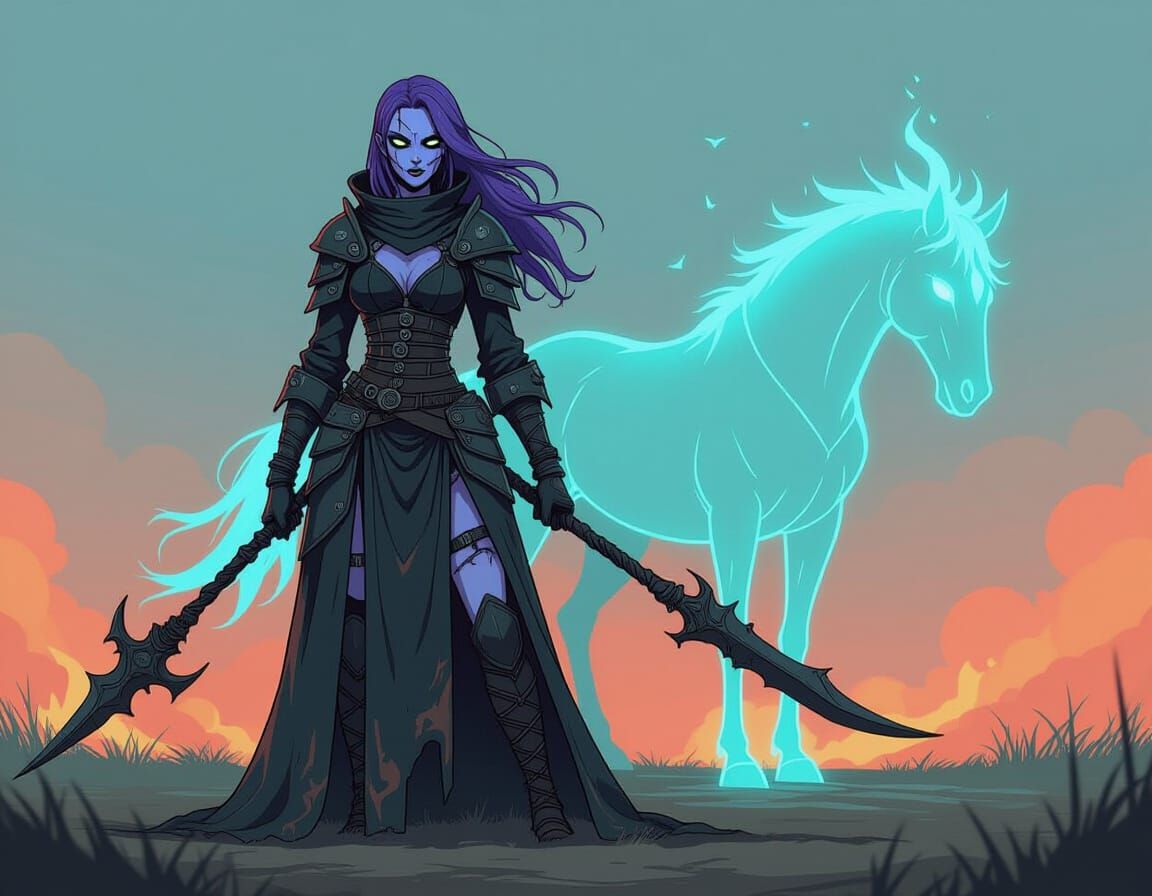 Anime-Style Undead Woman with Spectral Warhorse