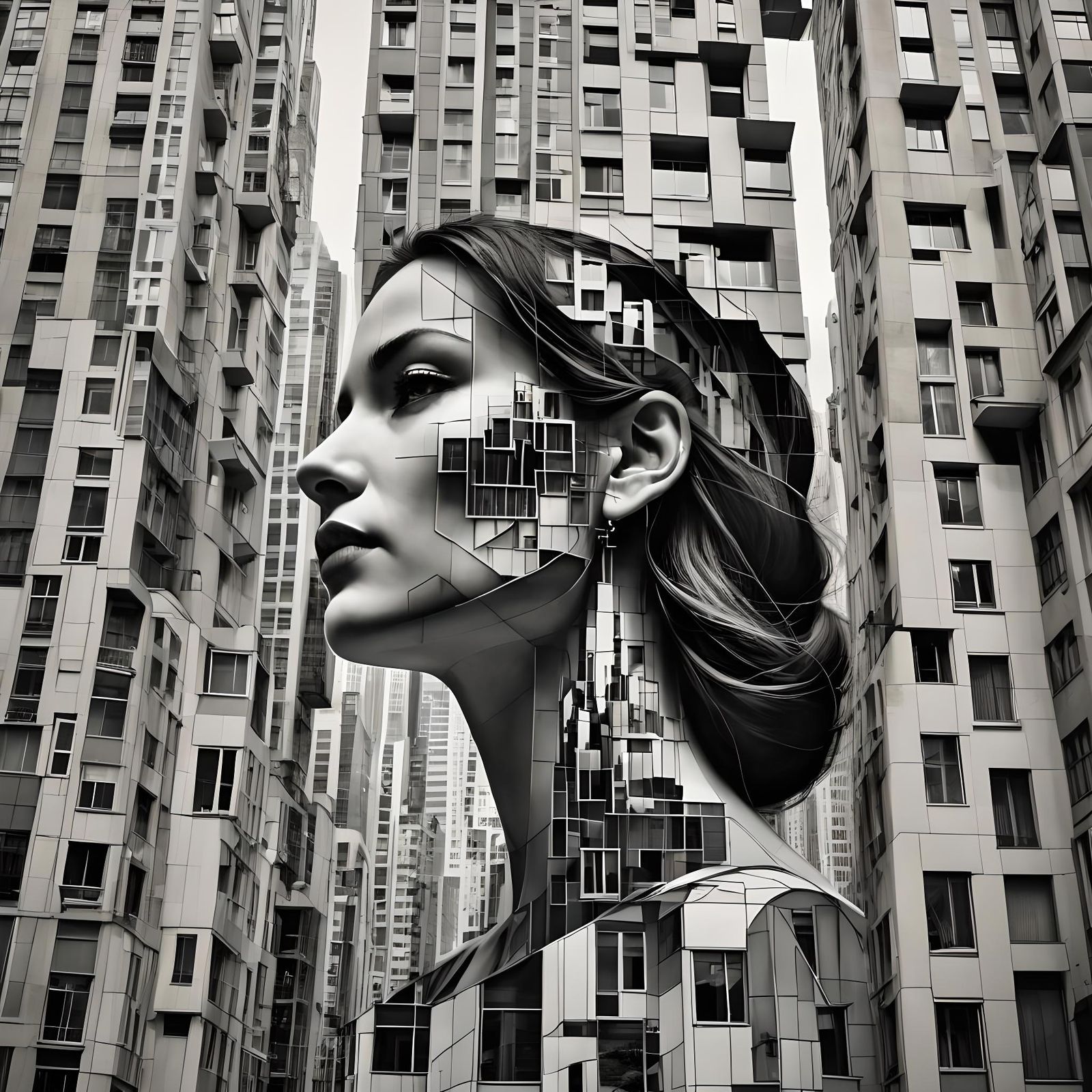 Architectural Illusion: Woman's Face in Cityscape