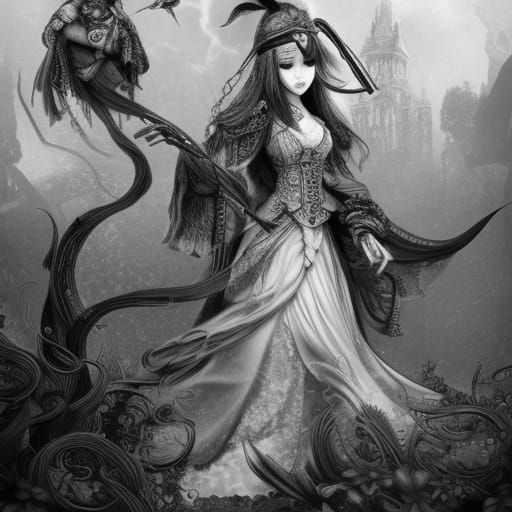 Kawaii Pirates in Garden: Black and White Line Art