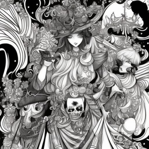 Kawaii Pirates in Garden: Detailed Line Art