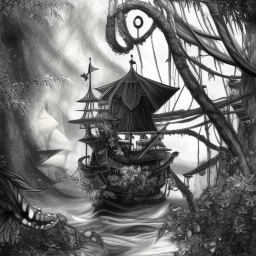 Kawaii Pirates Ship in Garden: Black and White Line Art