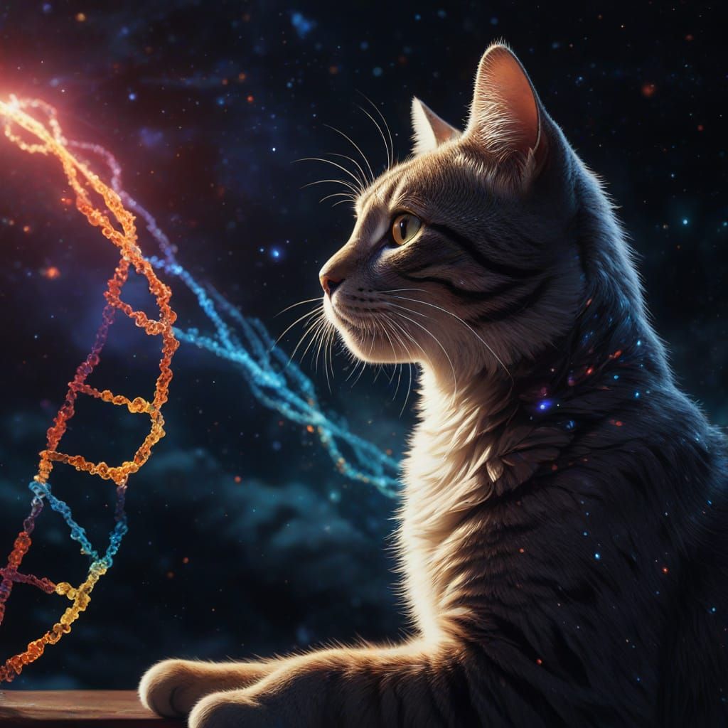 Cat Examines Glowing DNA Strand in Cosmic Nebula