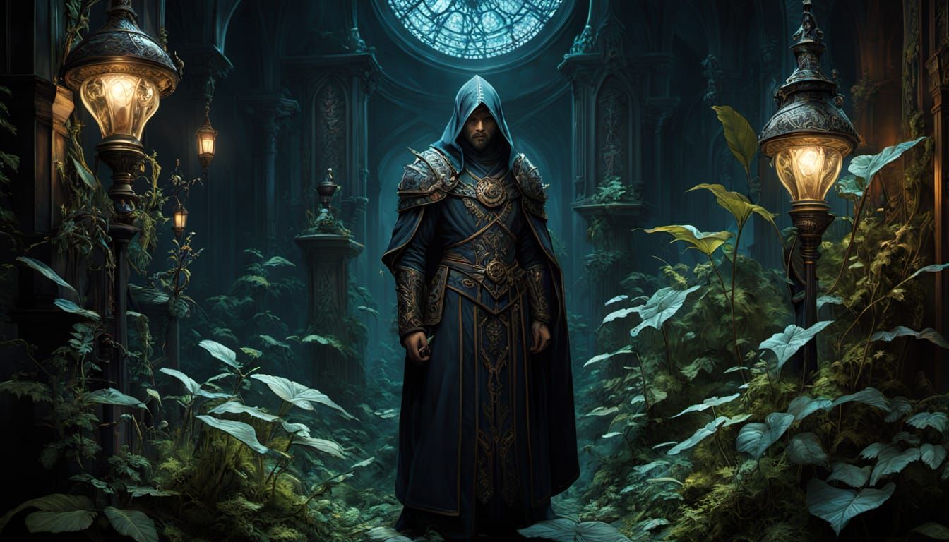 Alchemist in Overgrown Laboratory, Art Nouveau Style