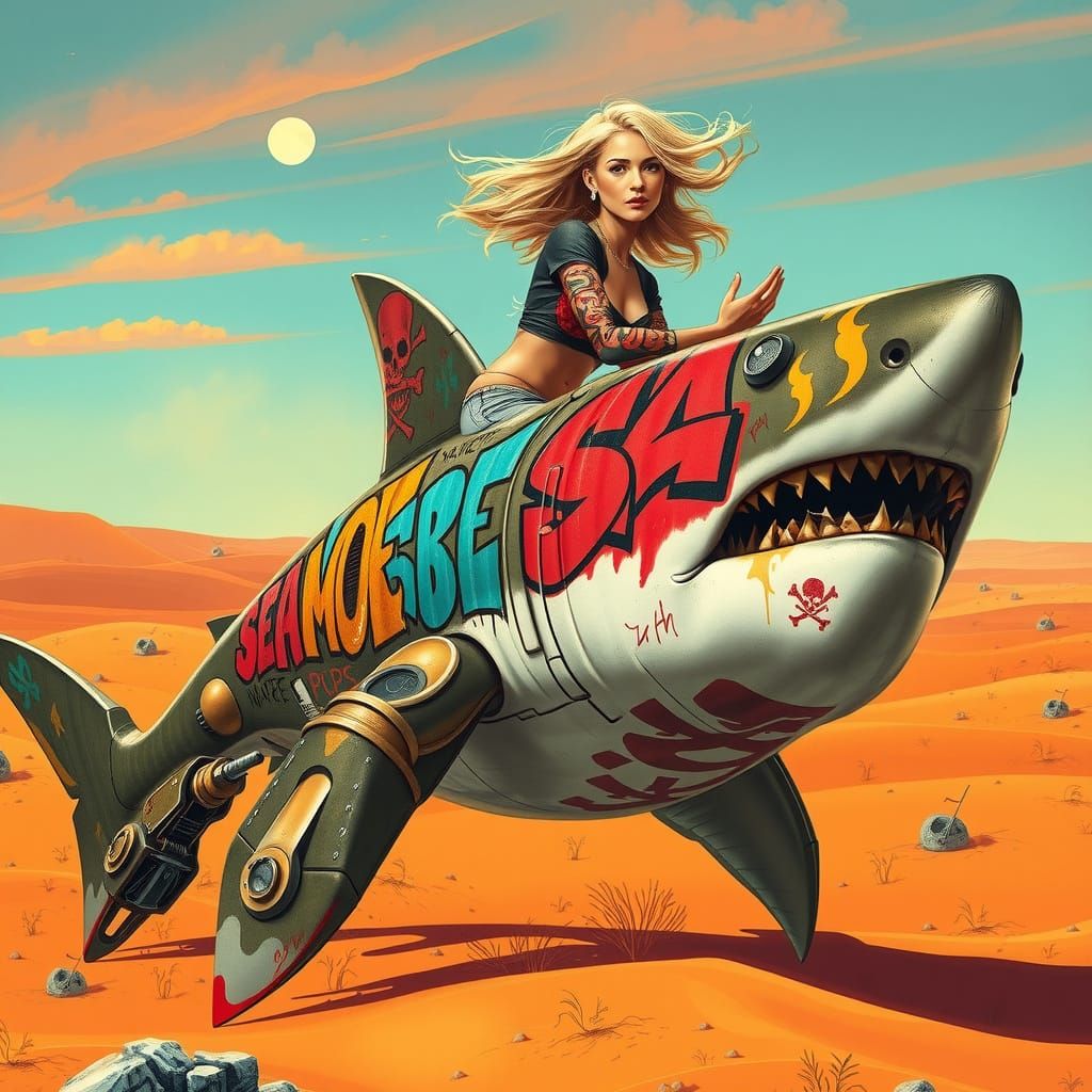 Woman Rides Graffiti Shark in Syd Mead Style